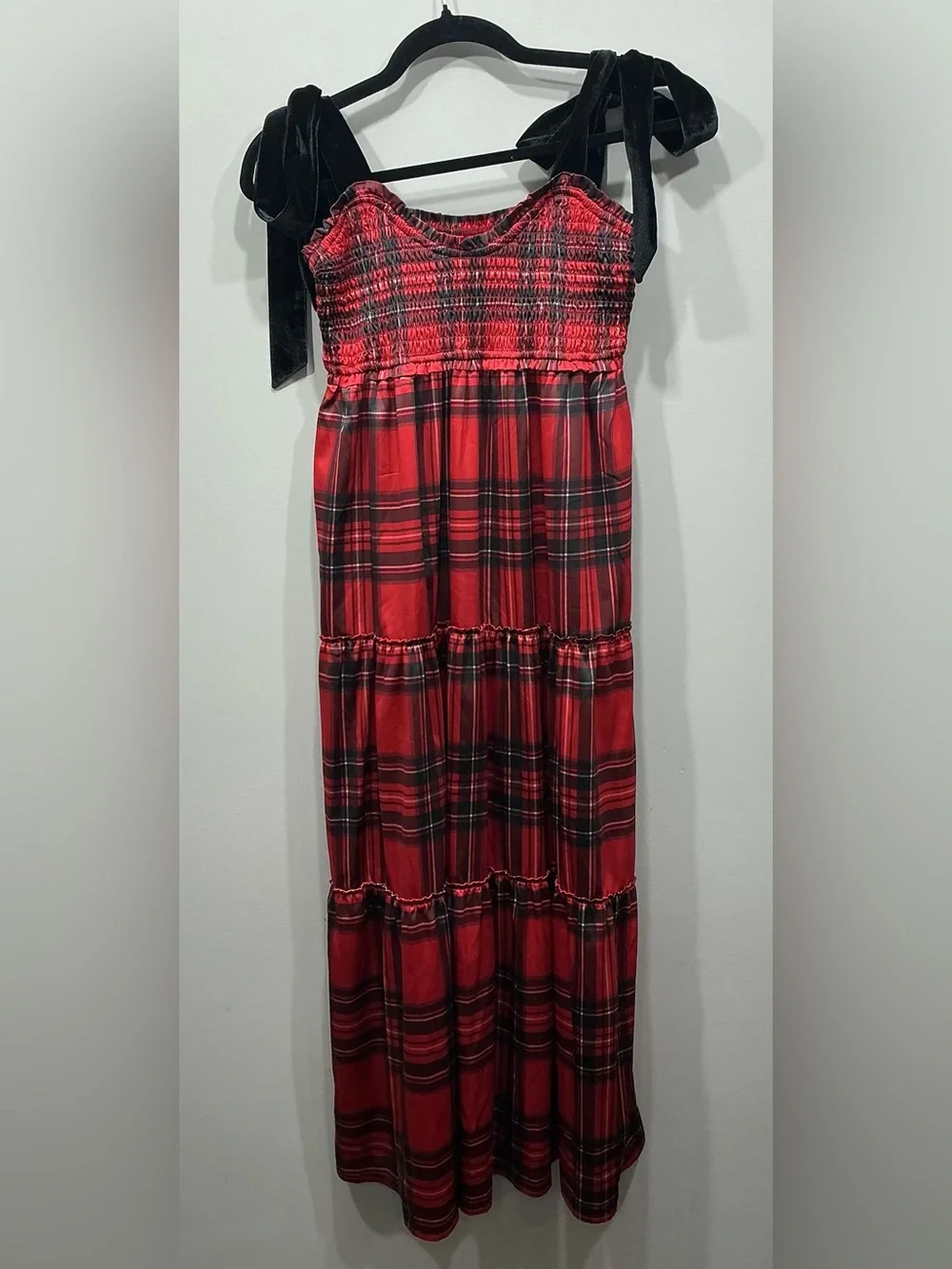 Altar’d State Plaid Tiered Midi Dress Women’s Small Red Black Velvet Tie Straps